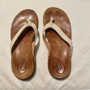 Olukai Kumu Cream White Leather Flip Flops Sandals, Women's Size 8, EUR 38.5